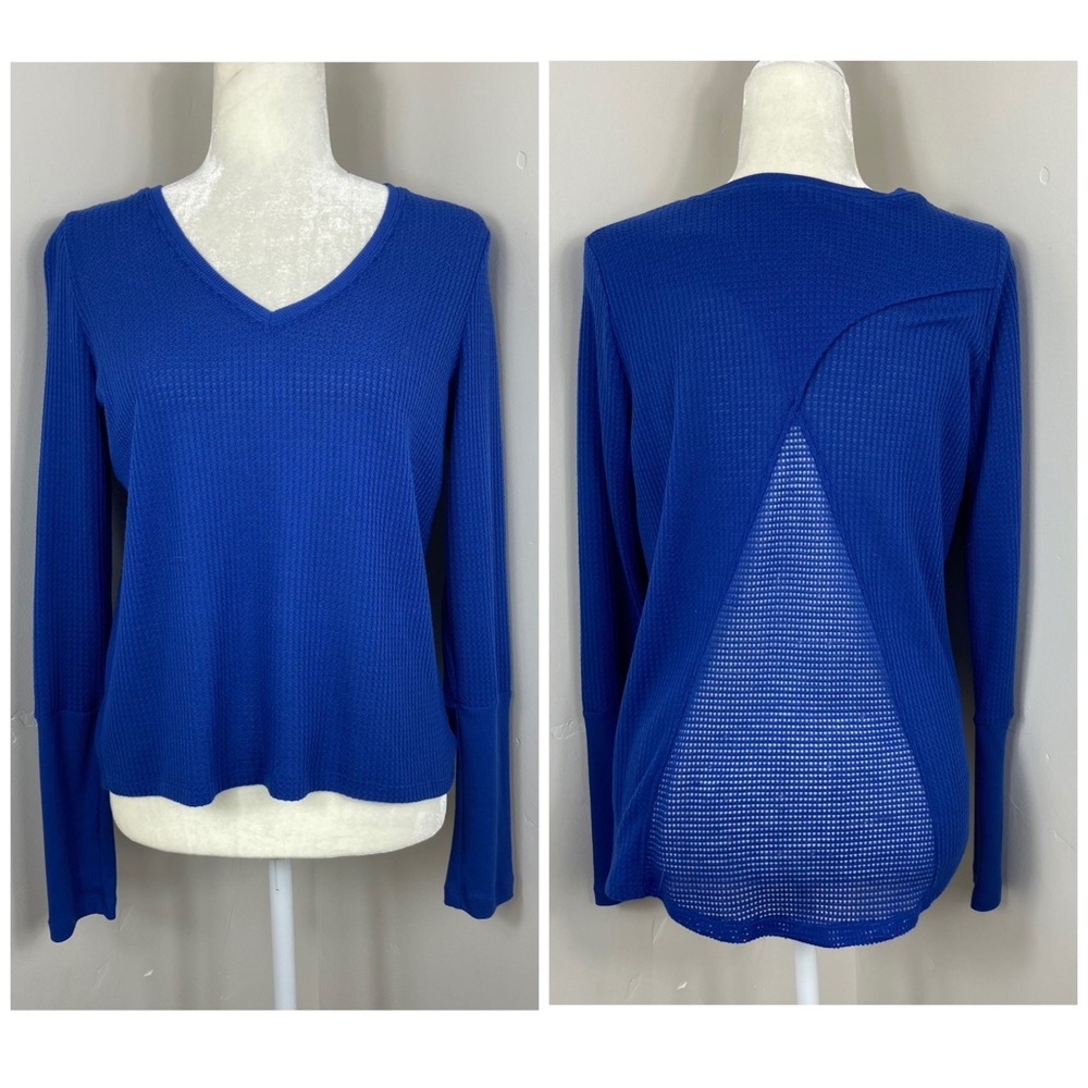ALO Yoga Blue Waffle Knit V Neck Pullover Top M